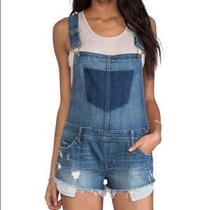 Blank NYC Distressed Overall Shorts w/ Striped Poc